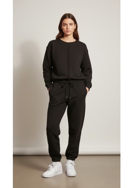 Kadın %100 Pamuk 3 Iplik Siyah Sweatshirt – Ön Dikiş Detaylı Normal Kalıp