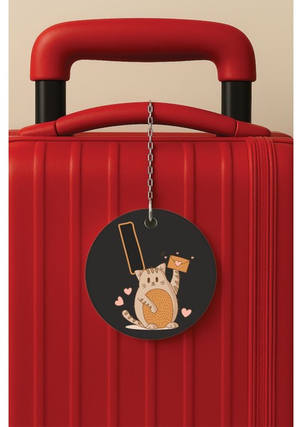 Desenli Baskılı Pleksi Zincir Aparatlı Bavul Etiketi Valiz Etiketi Kedili I Harfi