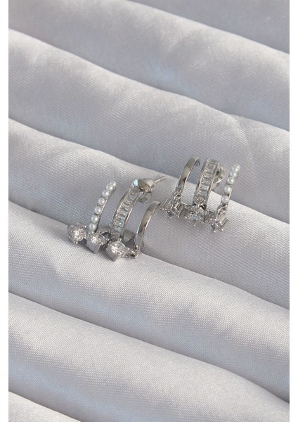 Pirinç Gümüş Renk İncili Çoklu Zirkon Taşlı Yarım Halka Küpe