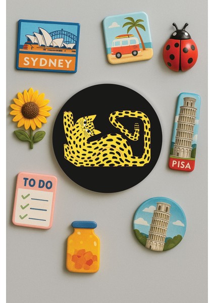 Modern ve Dekoratif Yuvarlak Buzdolabı Magneti Magnet Büyük Boy 10X10 cm - Cat Draw