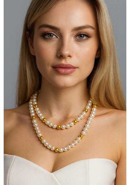 Ikili Dolamalı Işıltılı Inci Kolye