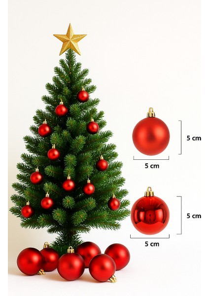 Yılbaşı Ağacı Top Süsleri, 5 cm 6 Adet, Parlak Mat Toplar, Kırmızı