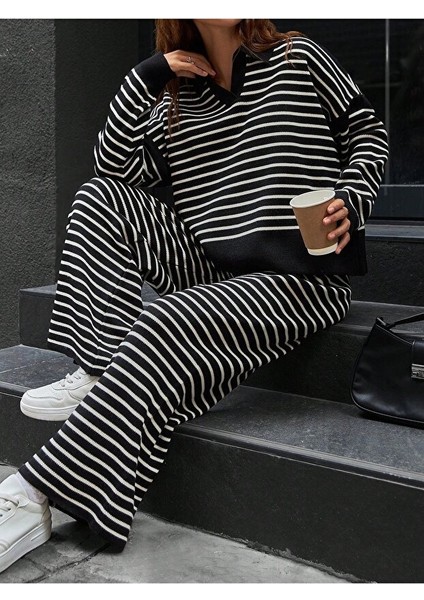 Kadın Gömlek Yaka Çizgili Triko Takım