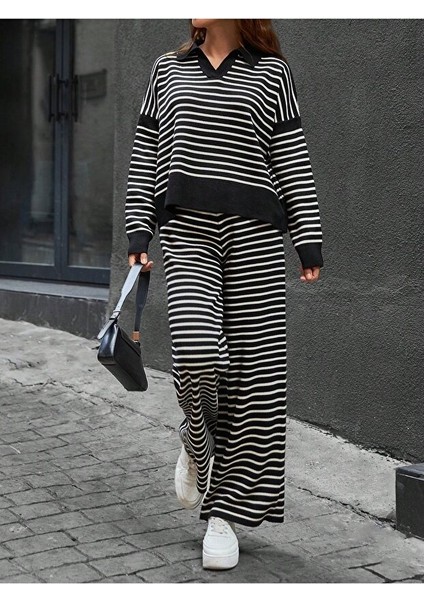 Kadın Gömlek Yaka Çizgili Triko Takım modelleri