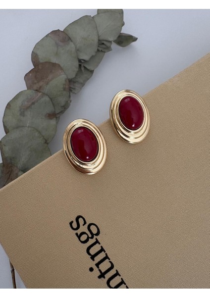 Vintage Damla Şerit Model Bordo Gold Çelip Küpe