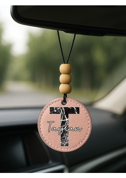 Kişiye Özel Isim Yazılı 1.sınıf Deri Ahşap Dekorlu Dikiz Aynası Süsü Pudra Pembe - T Harfi