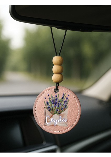 Kişiye Özel Isim Yazılı 1.sınıf Deri Ahşap Dekorlu Dikiz Aynası Süsü Pudra Pembe - Lavender