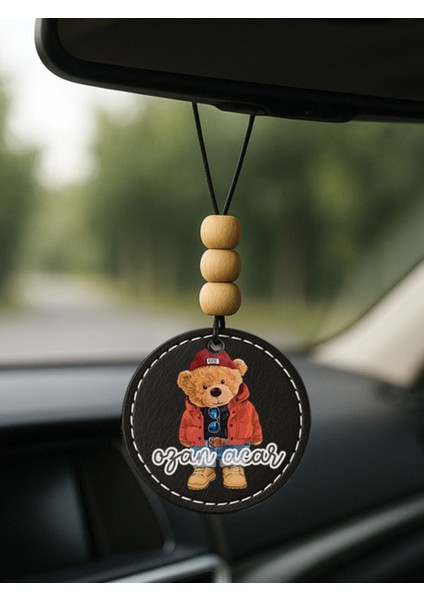 Kişiye Özel Isim Yazılı 1.sınıf Deri Oto Aksesuar Dikiz Aynası Süsü Siyah - Teddy Bear