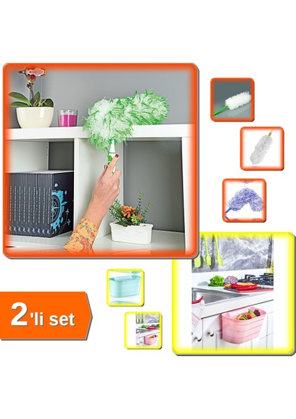 Hızlı Temizlik Plumero Mikrofiber + Dolap Kapağı Tezgah Çöp Kutusu 2li Set M8N4P2