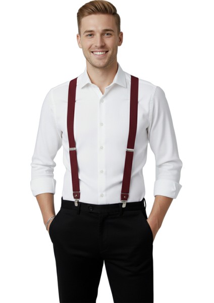 Unisex Bordo Derili Esneyebilen Lastik Ayarlanabilir Metal Klipsli Pantolon Askısı 2602025