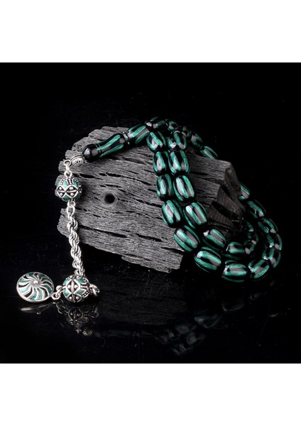 925 Ayar Gümüş Mineli Püsküllü Siyah Yeşil Renk Ateş Kehribar Tesbih