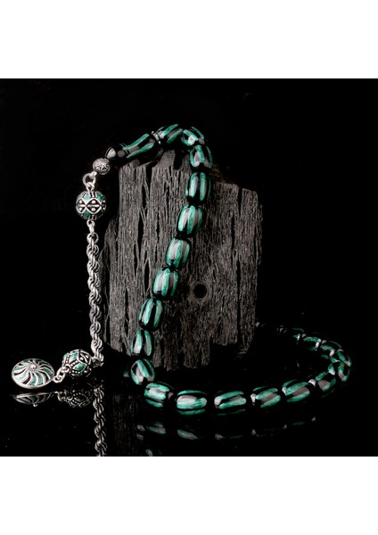 925 Ayar Gümüş Mineli Püsküllü Siyah Yeşil Renk Ateş Kehribar Tesbih fiyatları