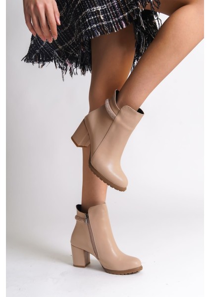 Lıa Fermuarlı Ortopedik Taban Taşlı Topuklu Kadın Bot Ctt - Ten