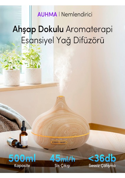 500ML Ahşap Görünümlü Aromaterapi Hava Nemlendirici - 7 Renkli Led, Sessiz Çalışma, Bpa Içerme