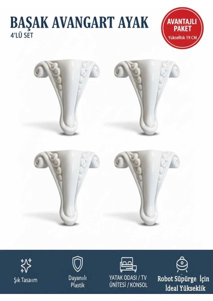 Başak 19 cm (4 Adet) Avangart Koltuk Yatak Odası Tv Ünitesi Konsol Genç ve Çocuk Odası Ayağı Beyaz