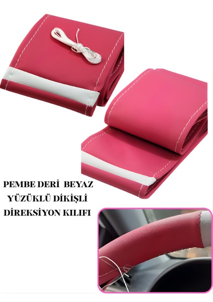 Bmw E87 Pembe Deri Beyaz Yüzüklü Dikiş Direksiyon Kılıfı Prime Kalite