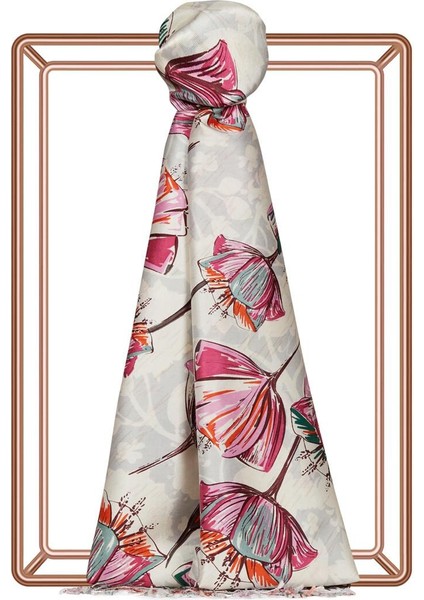 Ipekevi Desenli Ipek Şal - Gardenia Desenli - Krem Fuşya