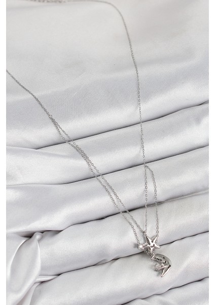 Bfs Pirinç Zirkon Taşlı Yıldız ve Ay Model Gümüş Renk Kadın Kolye fiyatları