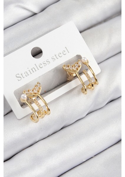 Bfs Pirinç Zirkon Taşlı Inci Detaylı Balık Kuyruğu Model Gold Renk Kadın Küpe