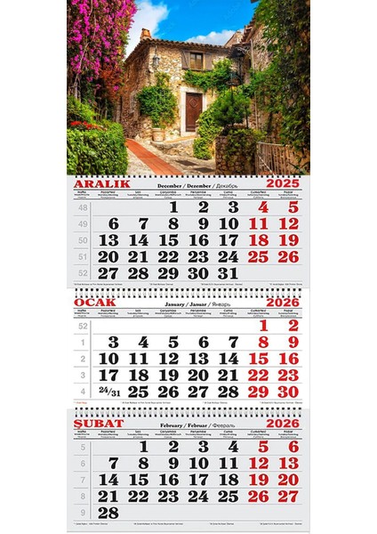 2026 Yılı Gemici Takvimi-Mor Çiçekler ve Köy Evi Eze/fransa