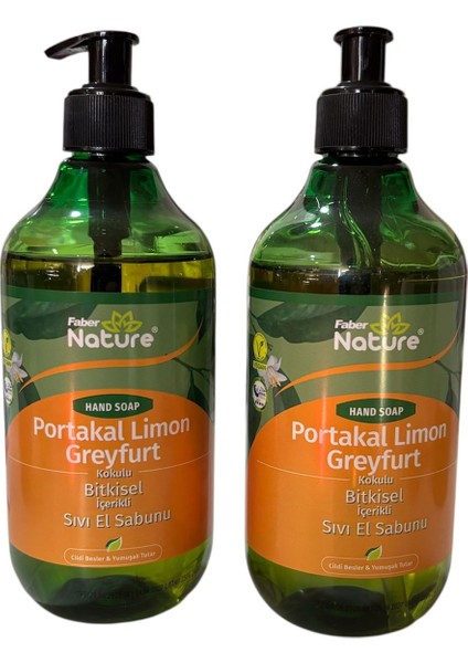 Hand Soap Portakal Limon & Greyfurt - Bitkisel Esaslı Sıvı El Sabunu (500 ml Valfli Şişe) 2li Set