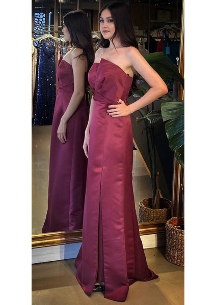 Vişne Renk Straplez Yaka Sırt Dekolteli Yırtmaçlı Düz Kesim Saten Uzun Abiye Elbise 11102-02 fiyatları