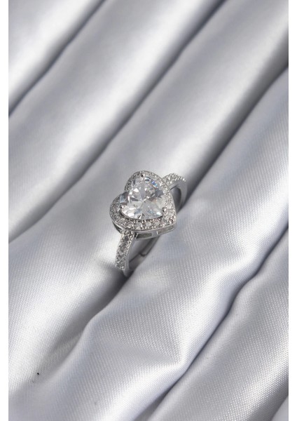 Bfs Pirinç Gümüş Renk Zirkon Taş Kalp Charm Model Kadın Yüzük