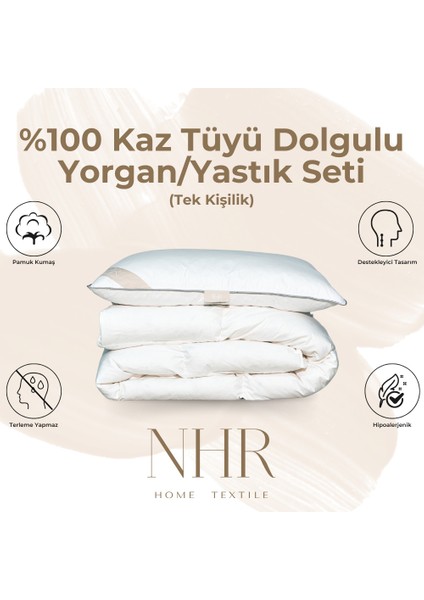 %100 Kaz Tüyü Dolgulu, %70 Gıdık Antibakteriyel, Isı Dengeleyici, Tek Kişilik Yorgan/yastık Seti