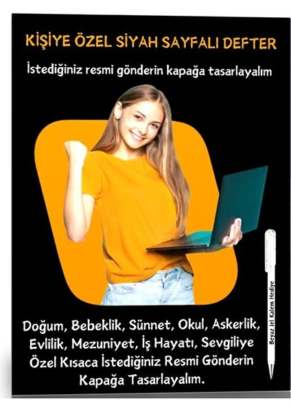 Kişiye Özel Siyah Sayfalı Defter A4-A5 (60 Sayfa) Beyaz Kalem Hediyeli