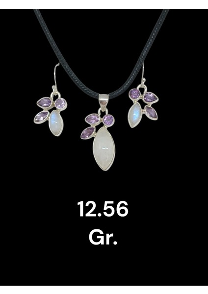 Ay Taşı ve Ametist Taşlı 925 Ayar Gümüş El Işçiliği Kolye Ucu ve Küpe Seti fiyatları