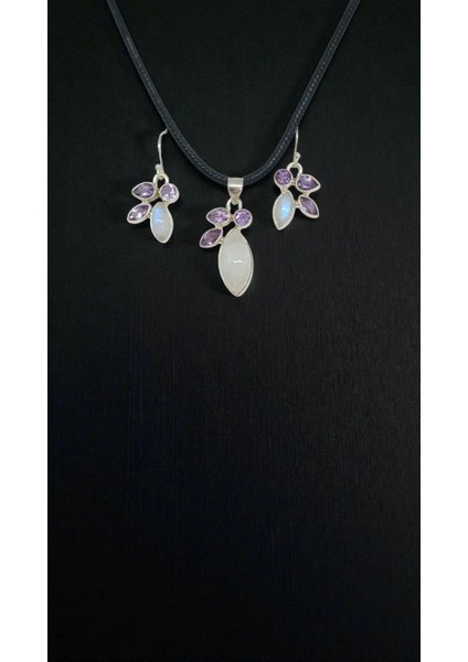 Ay Taşı ve Ametist Taşlı 925 Ayar Gümüş El Işçiliği Kolye Ucu ve Küpe Seti fırsatları