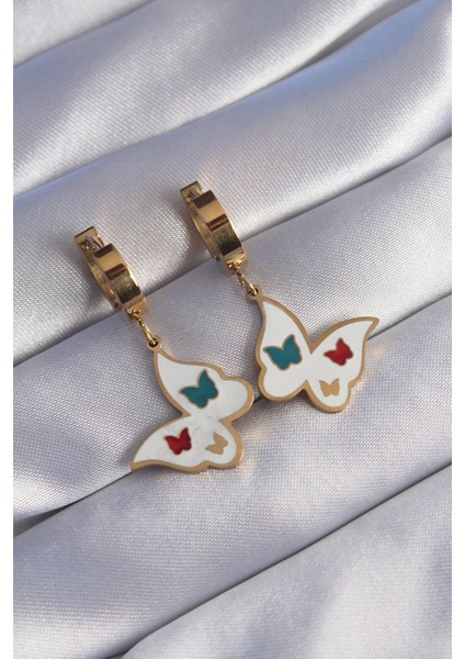 Bfs 316L Çelik Gold Renk Renkli Mineli Kelebek Küpe