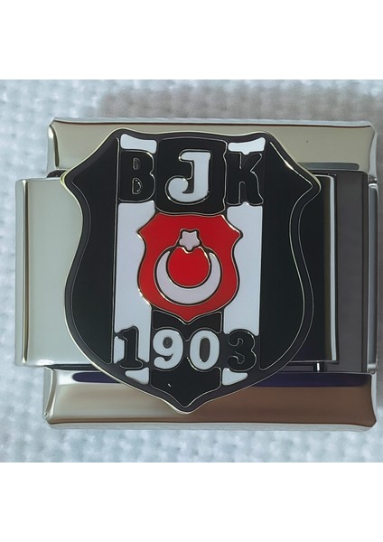 Bjk Logolu Paslanmaz Çelik Italyan Bileklik Charm – Gümüş Renk, Siyah Beyaz Kalkan Tasarım
