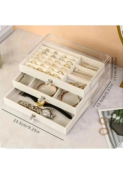 3 Çekmeceli Bölmeli Şeffaf Takı Kutusu | Mücevher Saklama Kutusu Krem Renk Seçeneği fiyatları