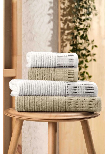 4 Parça Büyük Boy Banyo Havlu Takımı &AMP;#37;100 Pamuklu Marena Bej Krem