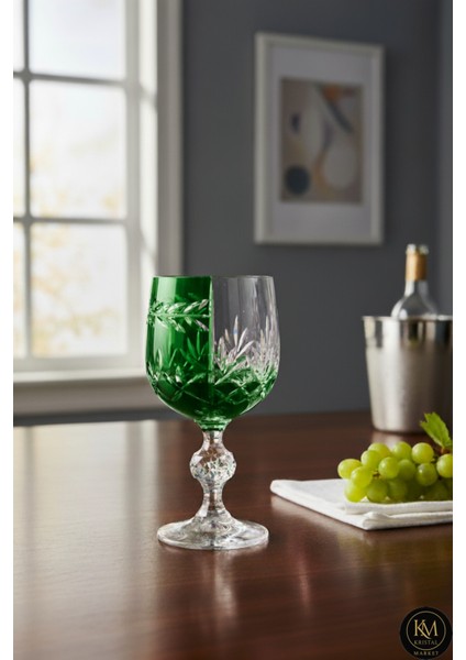 El Yapımı Kristal Bohemia Yeşil Çift Renk Dekoratif Sunumluk Ayaklı Kadeh Kahve Yanı Su Bardağı