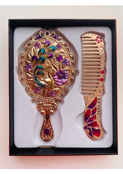Ayna Tarak Seti, Kutulu-Metal-Hediyelik Takım, 13CM Aynalı Saç Fırçası, Tavuskuşu Figürlü