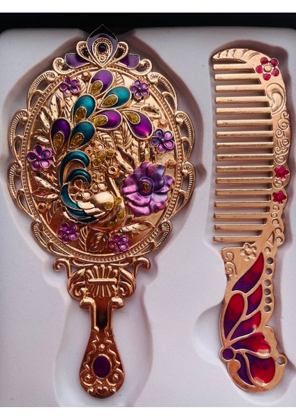 Ayna Tarak Seti, Kutulu-Metal-Hediyelik Takım, 13CM Aynalı Saç Fırçası, Tavuskuşu Figürlü modelleri
