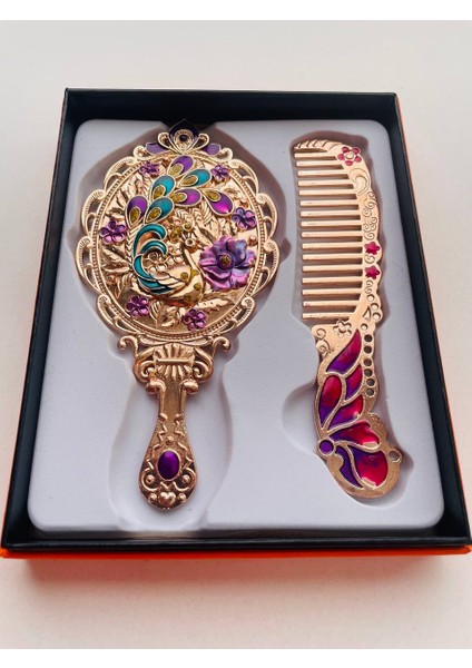 Ayna Tarak Seti, Kutulu-Metal-Hediyelik Takım, 13CM Aynalı Saç Fırçası, Tavuskuşu Figürlü