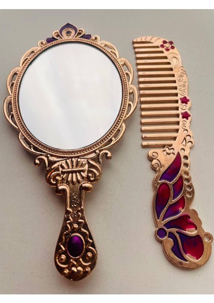 Ayna Tarak Seti, Kutulu-Metal-Hediyelik Takım, 13CM Aynalı Saç Fırçası, Tavuskuşu Figürlü