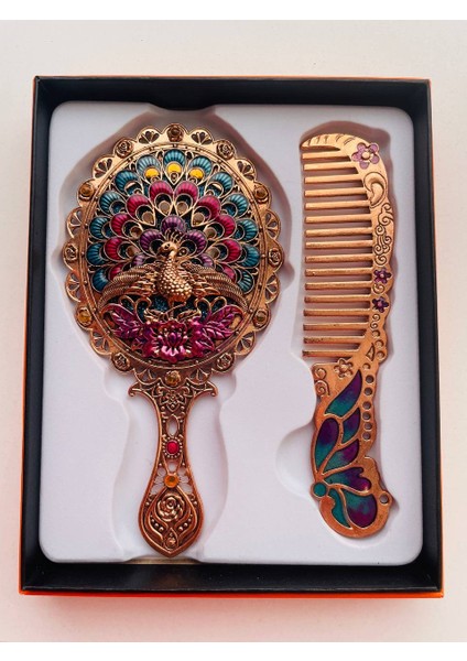 Ayna Tarak Seti, Kutulu-Metal-Hediyelik Takım, 13CM Aynalı Saç Fırçası, Tavuskuşu Figürlü