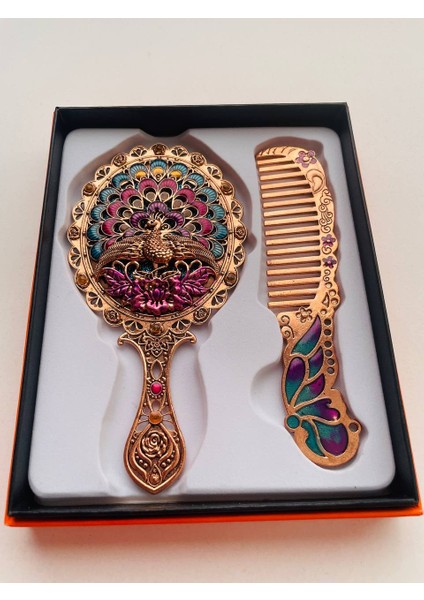 Ayna Tarak Seti, Kutulu-Metal-Hediyelik Takım, 13CM Aynalı Saç Fırçası, Tavuskuşu Figürlü fırsatları