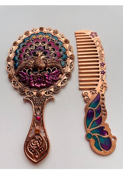 Ayna Tarak Seti, Kutulu-Metal-Hediyelik Takım, 13CM Aynalı Saç Fırçası, Tavuskuşu Figürlü