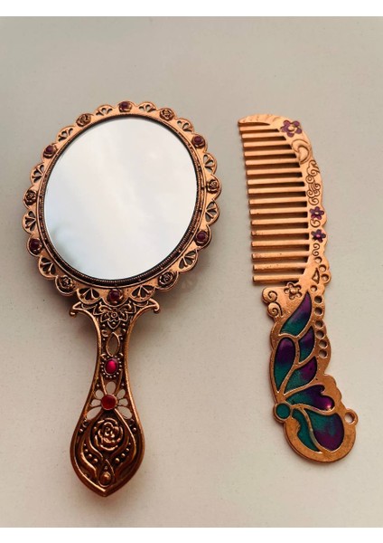 Ayna Tarak Seti, Kutulu-Metal-Hediyelik Takım, 13CM Aynalı Saç Fırçası, Tavuskuşu Figürlü