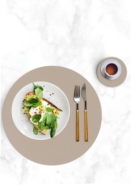 12 Parça Bej Yuvarlak Deri Amerikan Servisi Supla Isıya Dayanıklı Kaymaz Yıkanabilir | 6 Kişilik