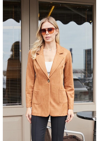 Süet Kumaş Cep Detaylı Düğmeli Şık Blazer Ceket-Camel