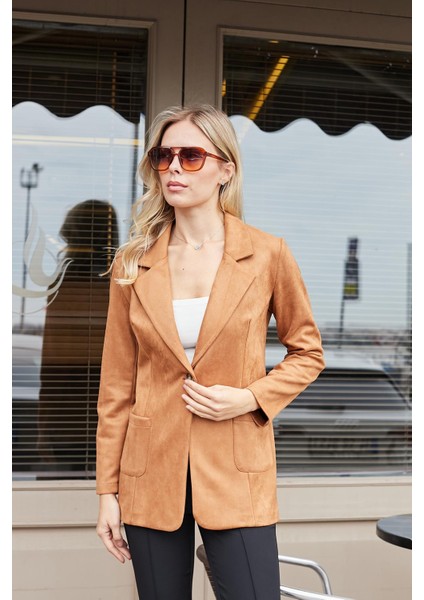Süet Kumaş Cep Detaylı Düğmeli Şık Blazer Ceket-Camel