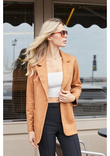 Süet Kumaş Cep Detaylı Düğmeli Şık Blazer Ceket-Camel