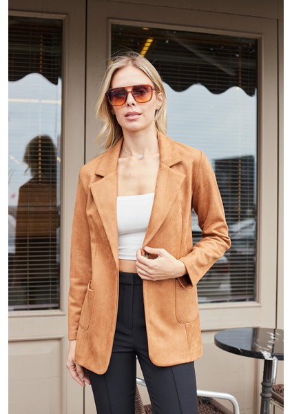 Süet Kumaş Cep Detaylı Düğmeli Şık Blazer Ceket-Camel