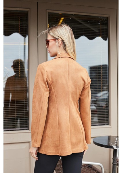 Süet Kumaş Cep Detaylı Düğmeli Şık Blazer Ceket-Camel